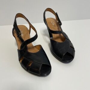 Clarks Women's Black‎ Leather Slingback Peep Toe Block Heel Sandals Size 6